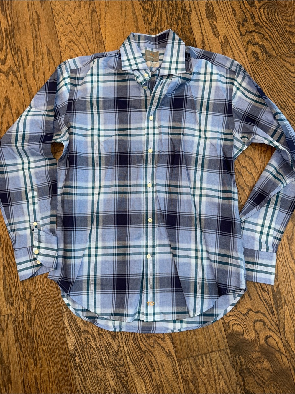 Thomas Dean Men's Blue and Navy Plaid Button-Down Shirt size 34 #